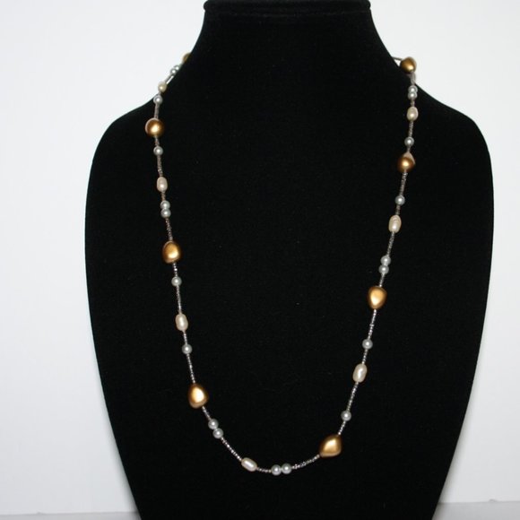 Silver gold and pearl necklace 26"
